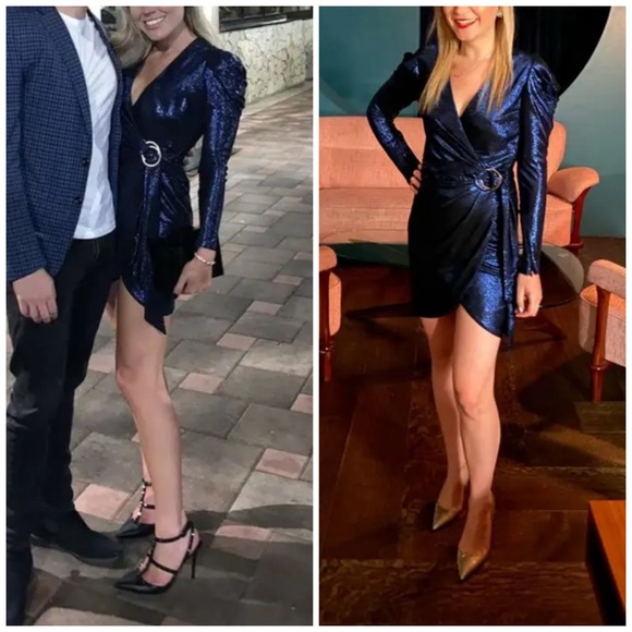 Jonathan Simkhai Metallic Long Sleeve Mini Dress Blue Cocktail Evening Party - Picture 1 of 9